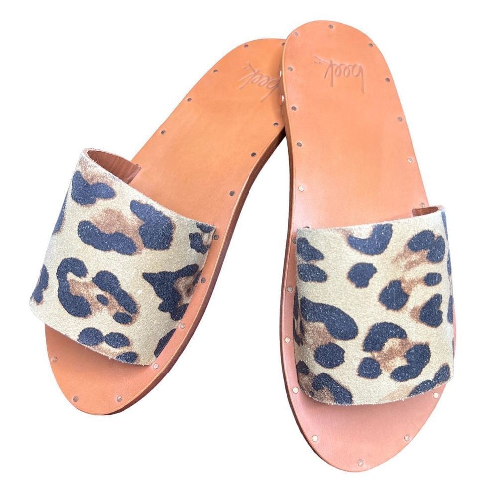 BEEK LOVEBIRD LEATHER AND CALF HAIR SLIDE SANDALS in Leopard/Tan NWB SIZE 6
